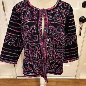 Choices Women's Black Pink Patterned geometric open jacket sz large 3/4 sleeve